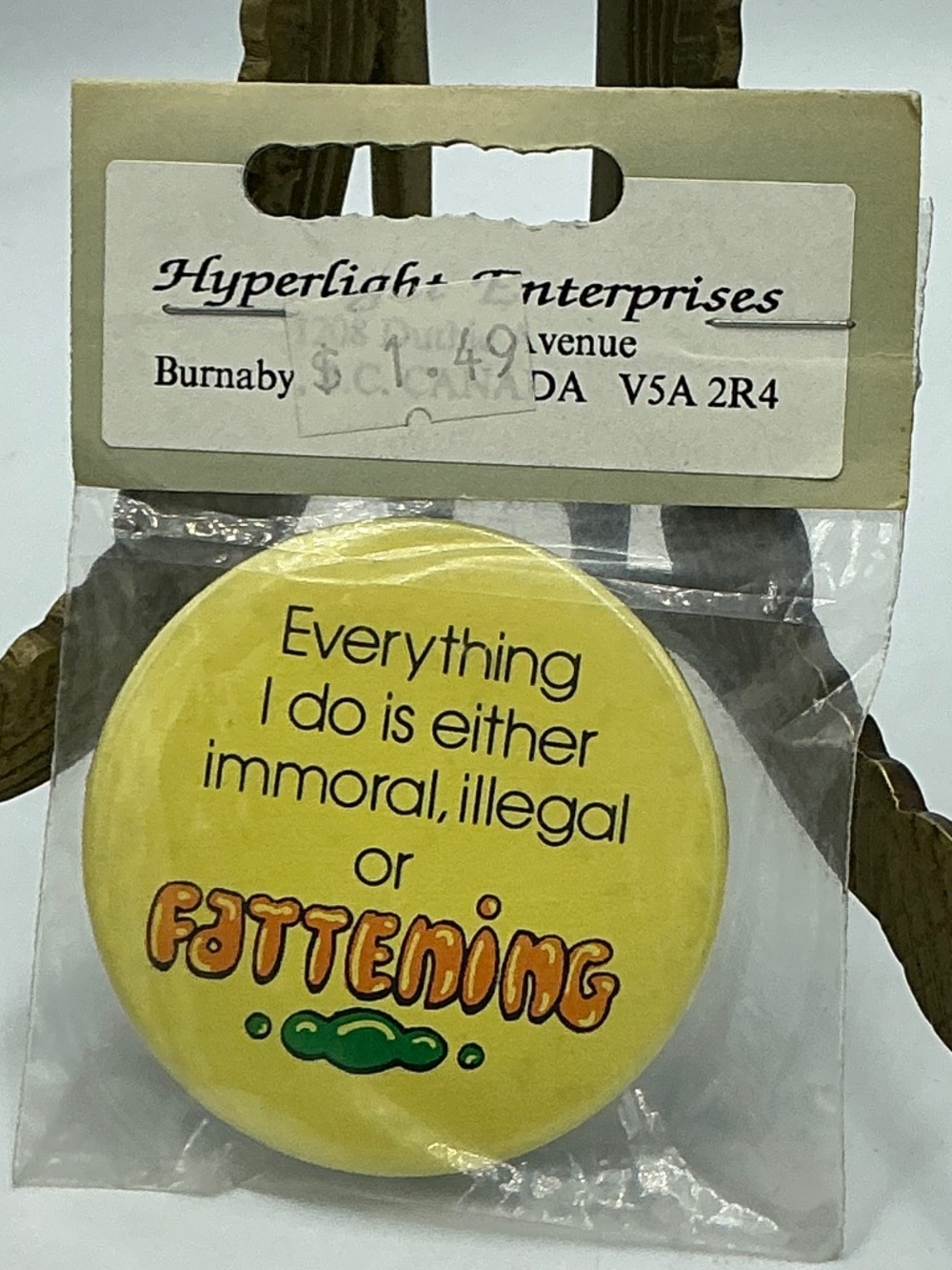 Vintage Pin Button Everything I Do Is Either Immoral, Illegal Or Fattening